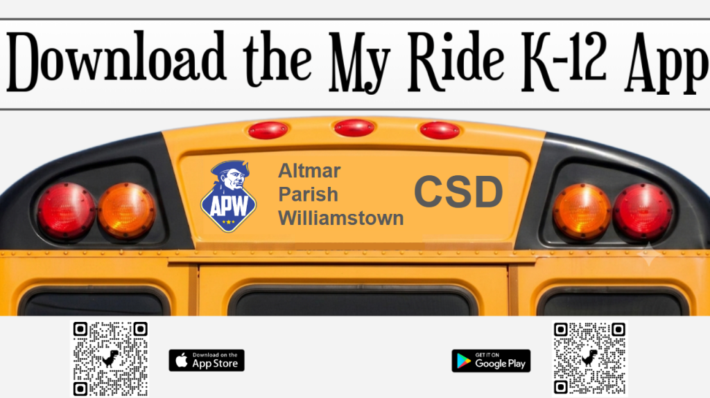 Download the My Ride K-12 app photo with school bus and QR codes to download the app